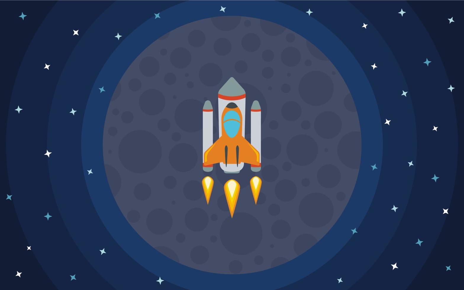 The rocket flies against the backdrop of the planet. The rocket in space. Space travel. Vector illustration with flying rocket.