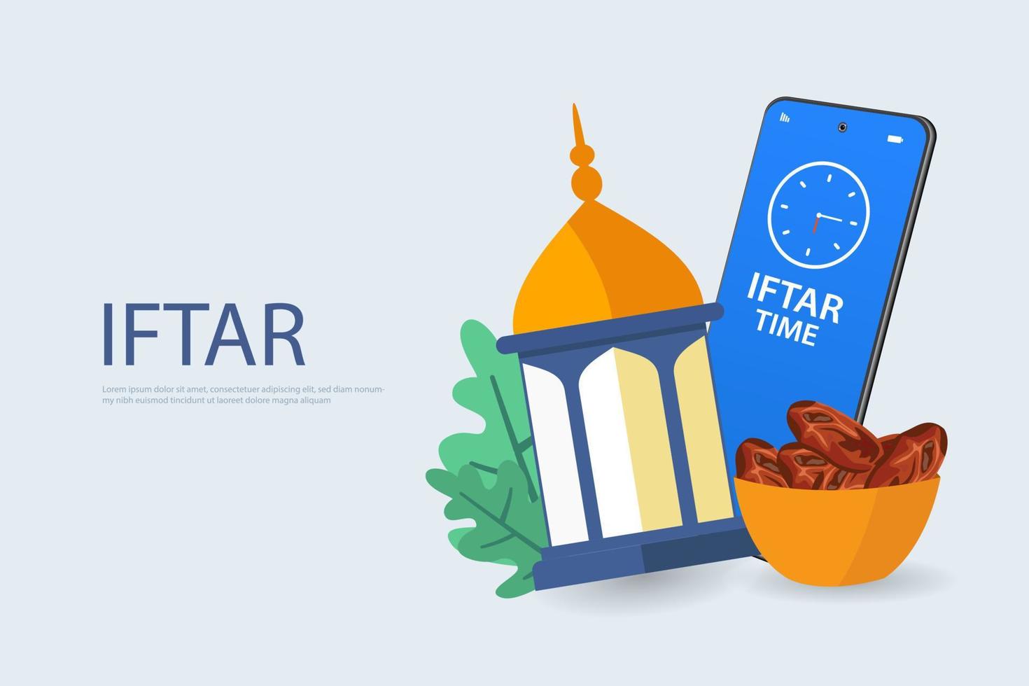 ilustración vectorial musulmán islámico comiendo comida a la hora de iftar o a la hora de la cena de ramadán. la gente del Islam come en el descanso del ayuno. concepto de comida ramadán. vector