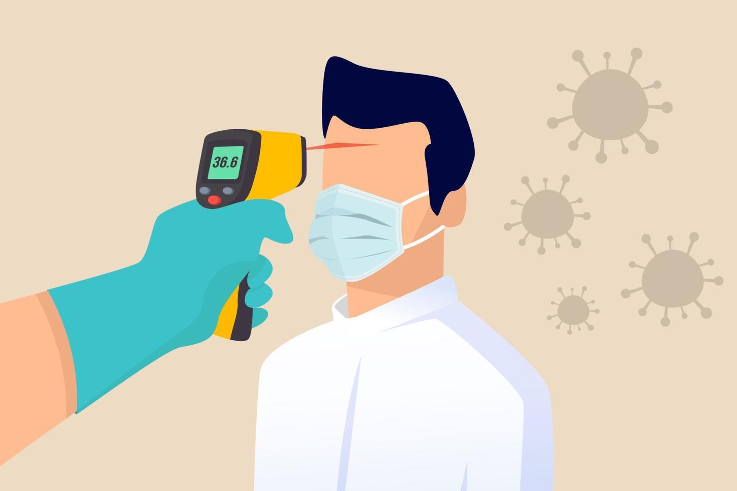 COVID 19 Coronavirus flu patient with high temperature fever concept, doctor holding infrared thermometer to measure body temperature at forehead result in high temperature fever with virus pathogens vector