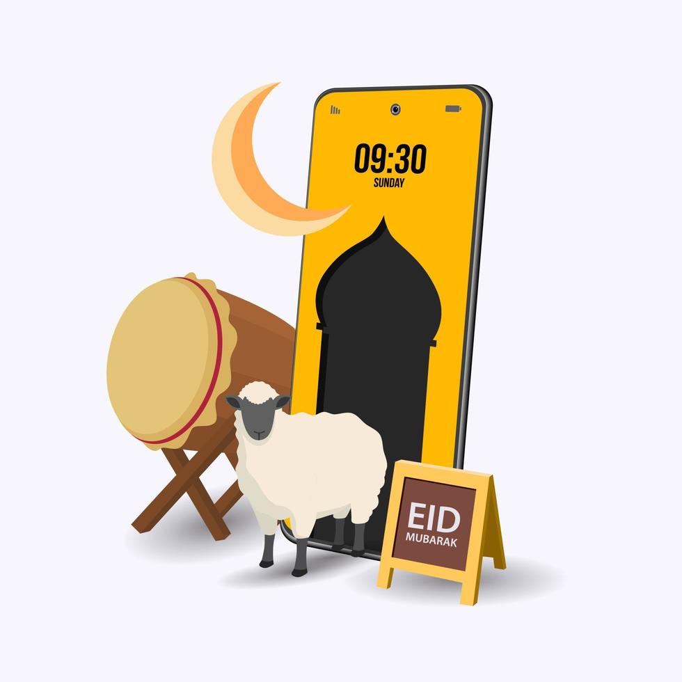 Vector illustration of eid mubarak. Online greeting illustration with mobile background yellow