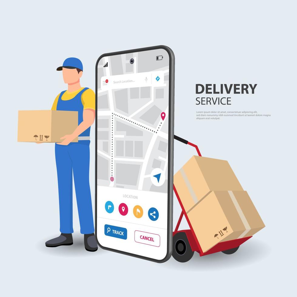 Online food delivery. Young courier delivering box order with City map route navigation smartphone vector