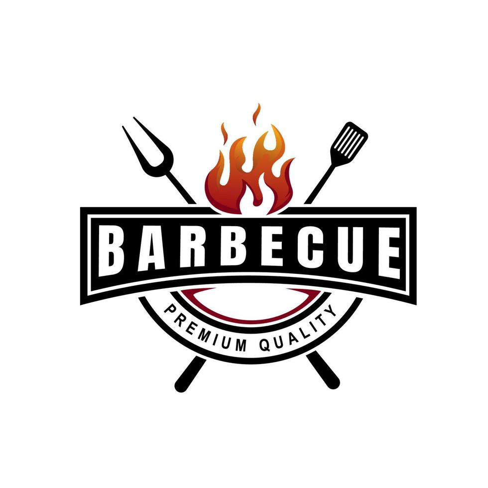 concepto de logotipo vintage de barbacoa. herramienta de parrilla con plantilla de sello de llama de fuego. ilustración vectorial vector