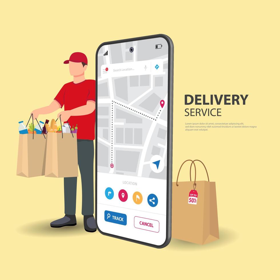 Online food delivery. Young courier delivering food order with City map route navigation smartphone vector