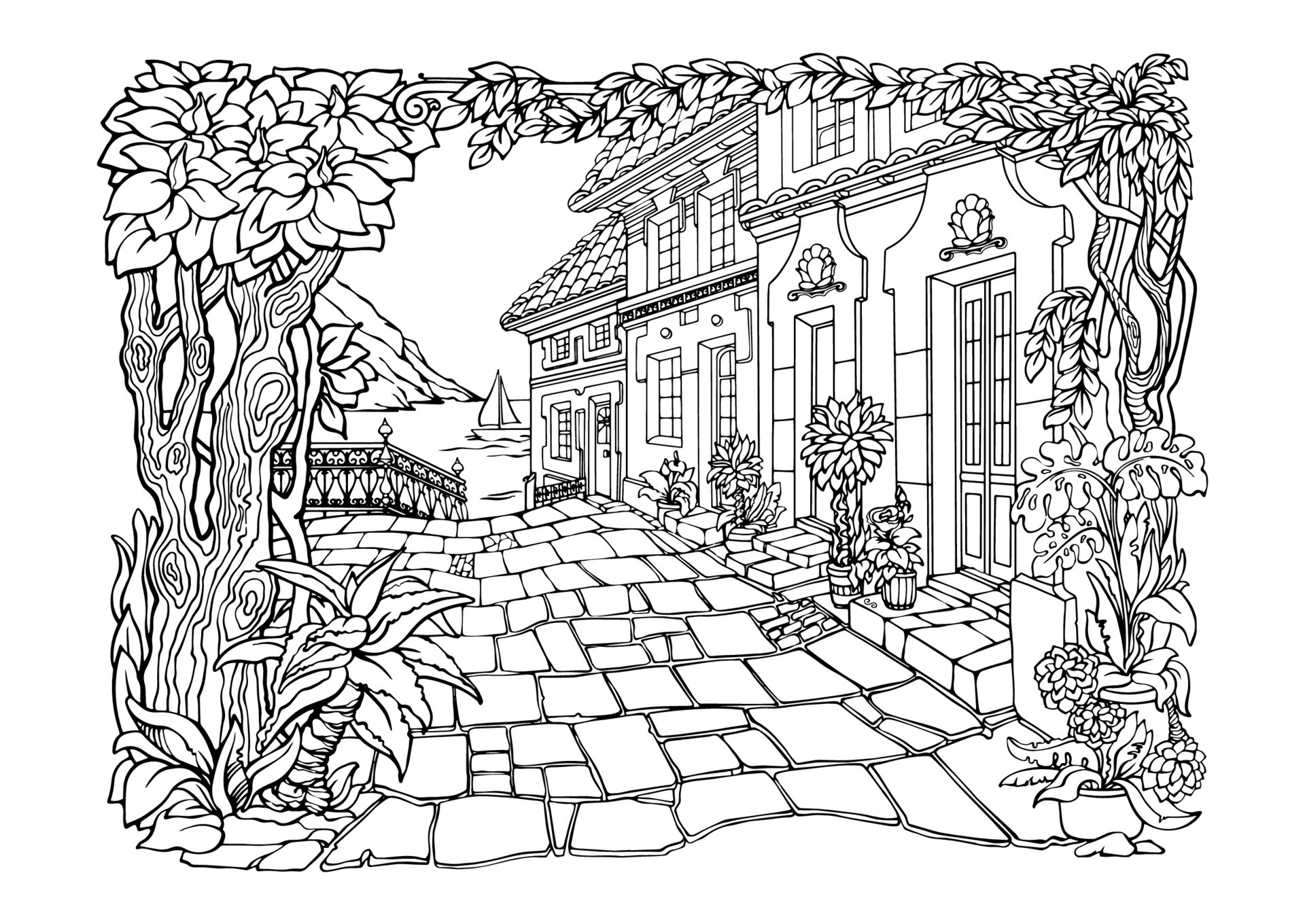 Romantic old town. Coloring Pages. Antistress colouring page. Vector