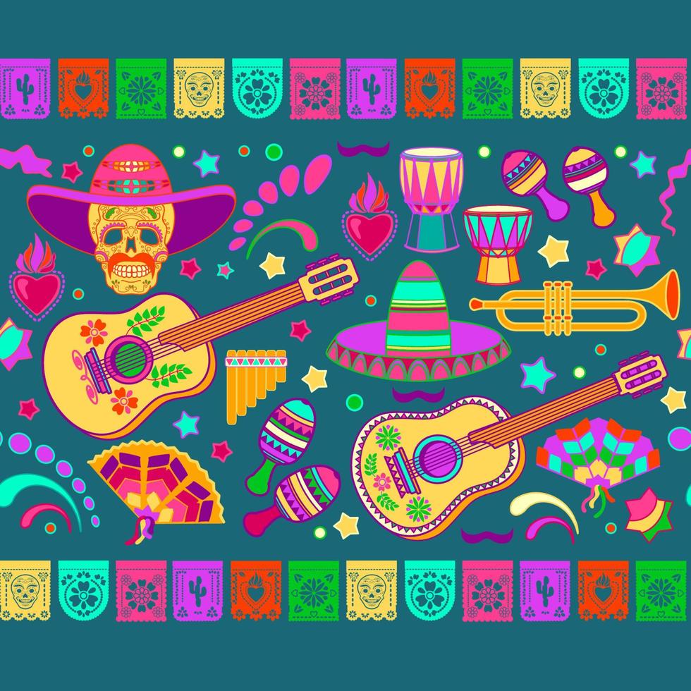 Fiesta seamless pattern. Mexican holiday music, colorful symbols. Vector illustration.