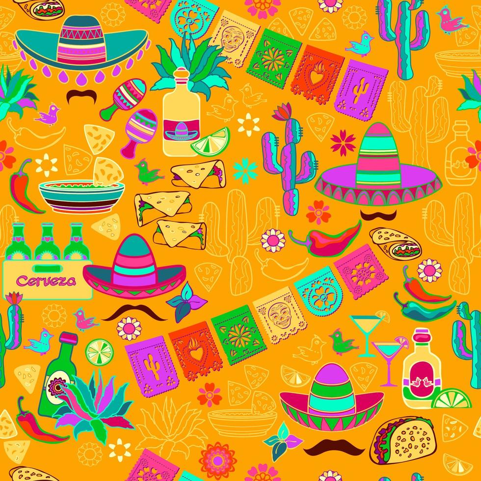 Fiesta seamless pattern. Mexican holiday colorful flat symbols. Vector illustration.