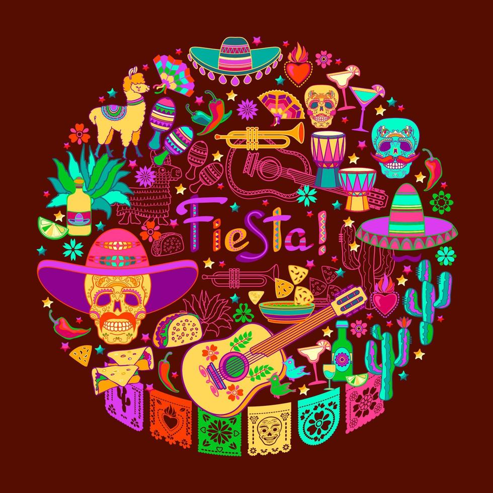 Fiesta circle pattern. Mexican colorful symbols isolated on brown. Vector. vector