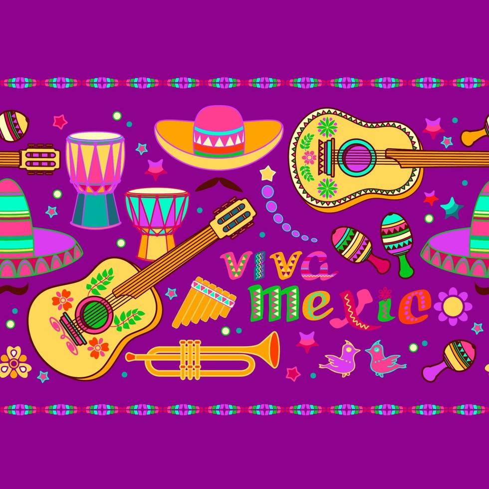 Viva Mexico seamless pattern. Mexican colorful flat symbols. Vector illustration
