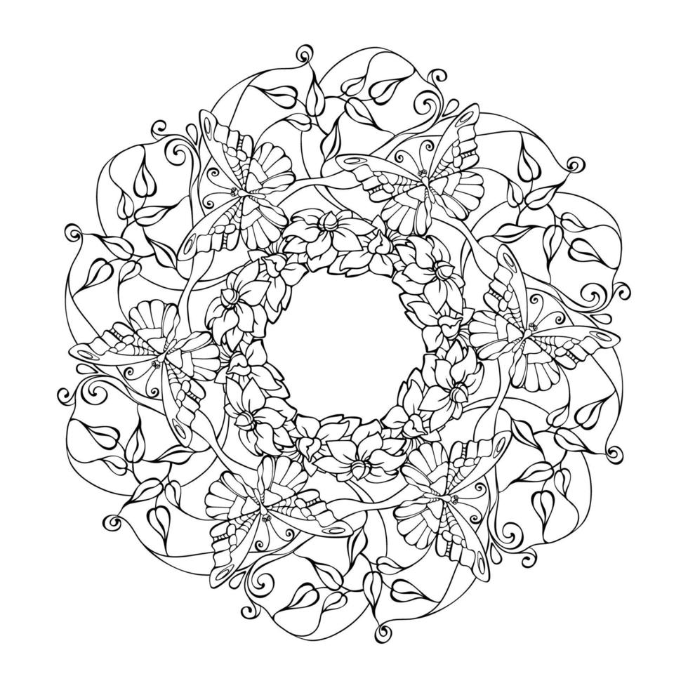 mandala de contorno floral con mariposas y plantas. página para colorear vector. vector