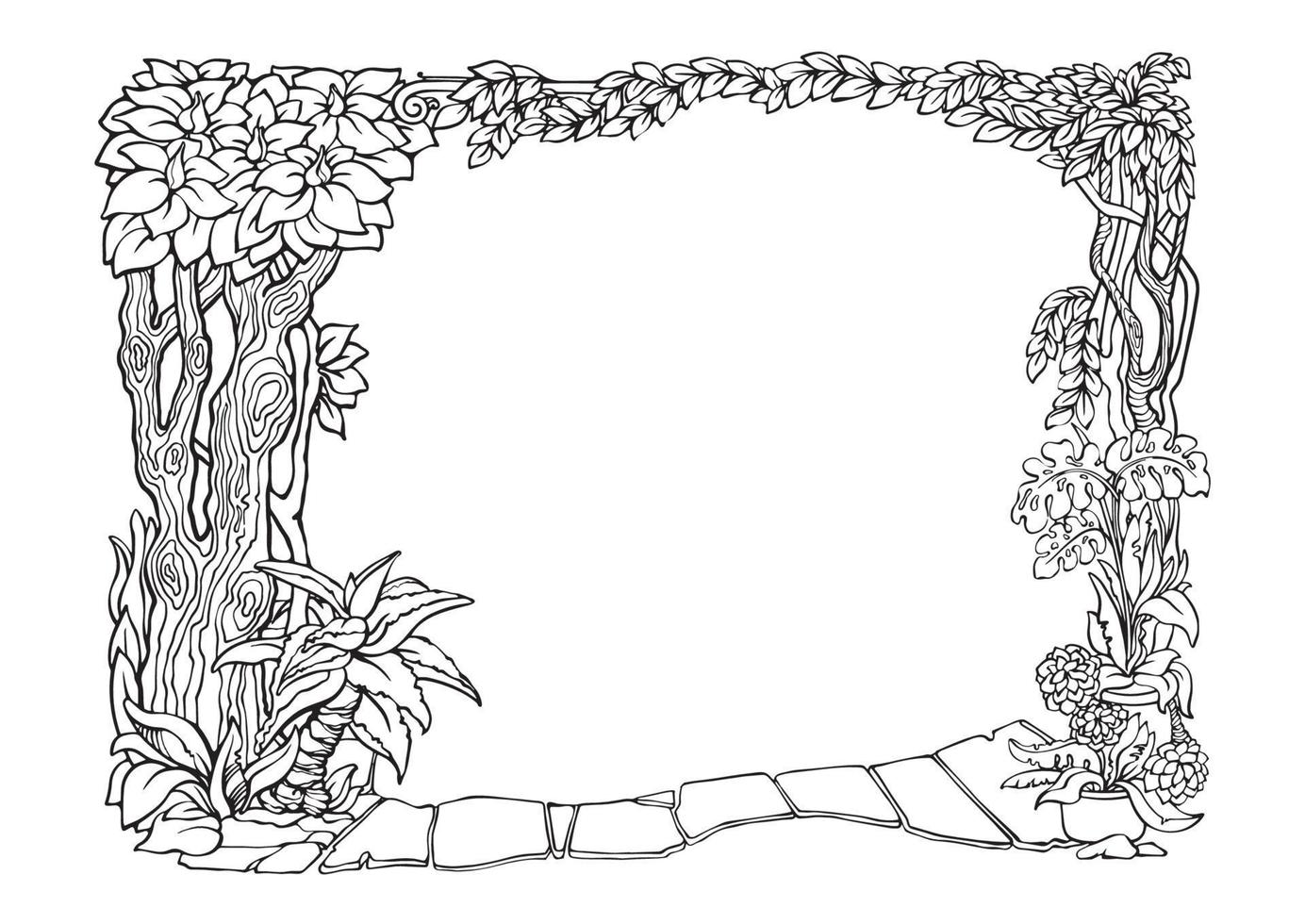 Floral Border with liana branches and tropical leaves. Outline Vector. vector