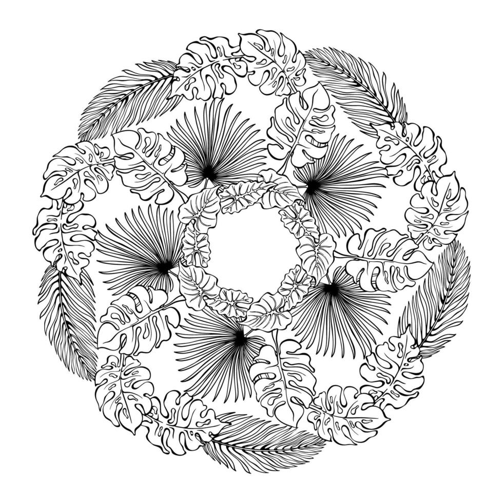 Floral mandala with tropical leaves. Monstera, palm. Coloring page