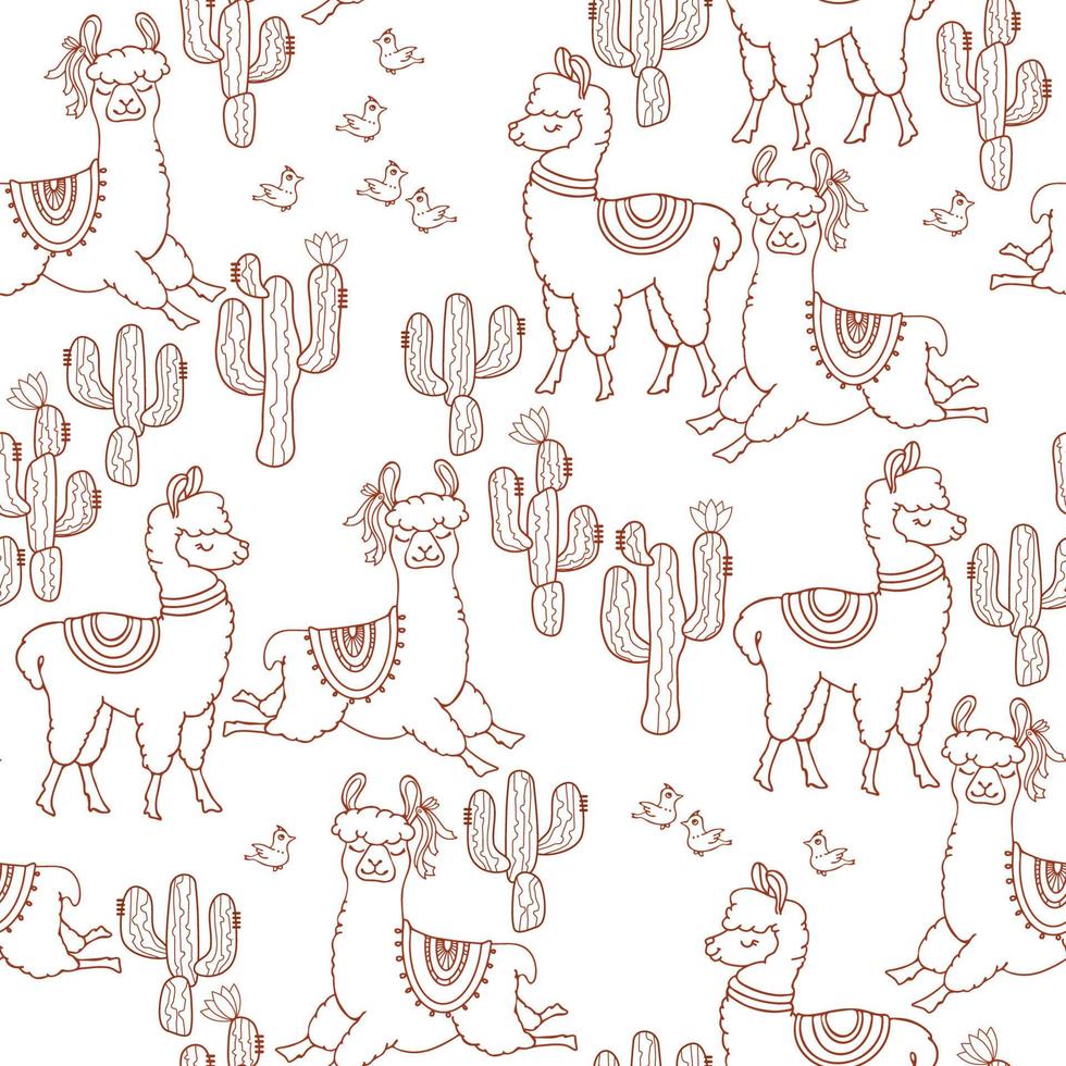 Funny alpacas animals, Seamless pattern. Outline Lamas, cacti, birds. Vector. vector