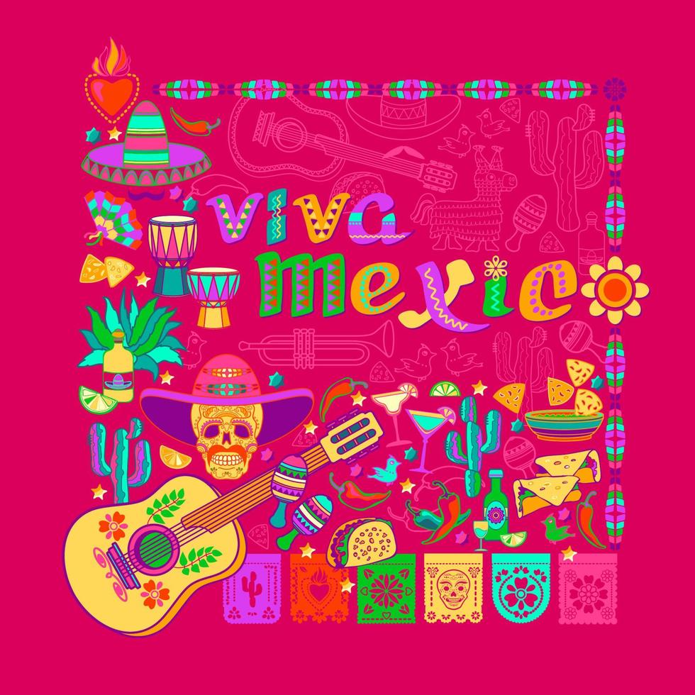 Viva Mexico pattern. Mexican colorful symbols isolated on pink. Vector. vector