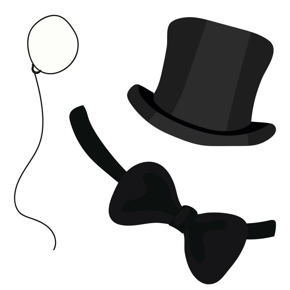 accesorios para un sombrero de sesión de fotos, monóculo, mariposa resaltada en un fondo blanco. un conjunto de caballeros del siglo XIX. un conjunto para cumpleaños, fiesta y boda. vector