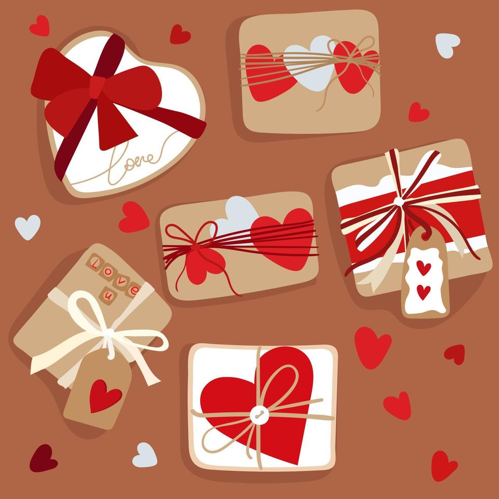 un conjunto de regalos. regalos de san valentín empaquetados simples sobre un fondo oscuro. los regalos en la paleta de colores principal son rojo, blanco, beige. ilustración aislada para imprimir en postales y pancartas. vector