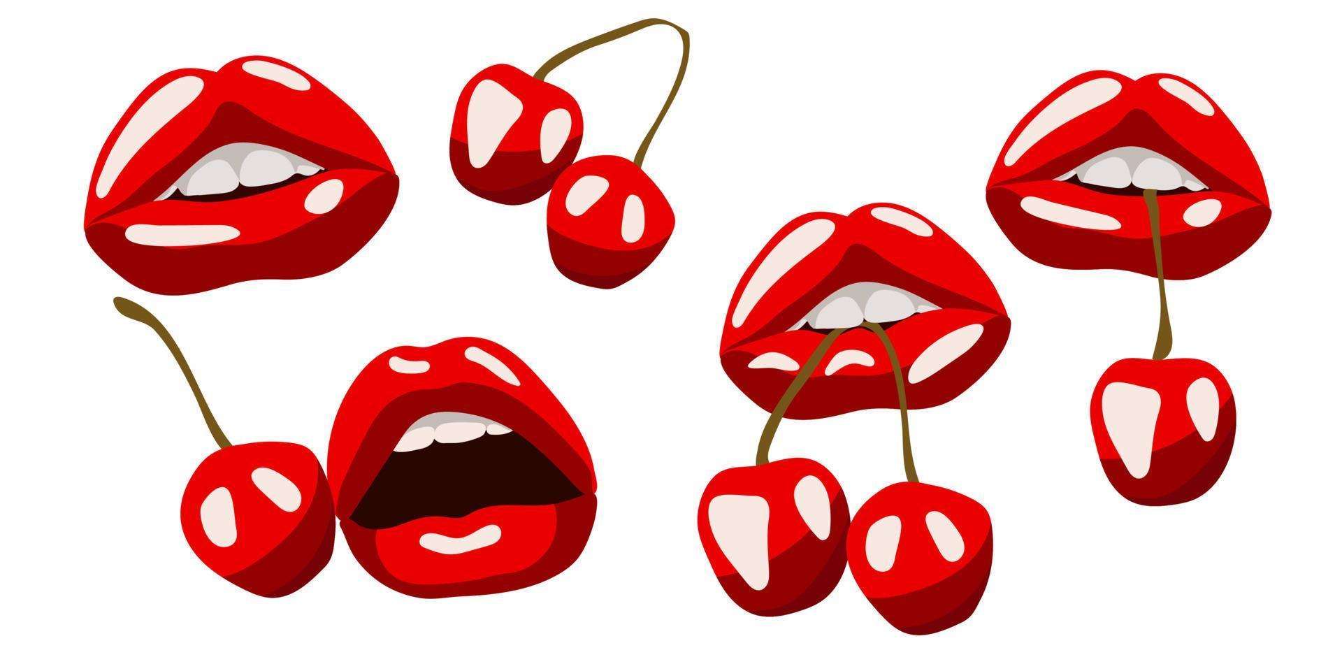 un conjunto de labios rojos con cereza. cereza en los dientes, en la boca. una ilustración brillante para imprimir en pancartas. ilustración vectorial de labios femeninos sexy. un beso. Aislado en un fondo blanco. vector