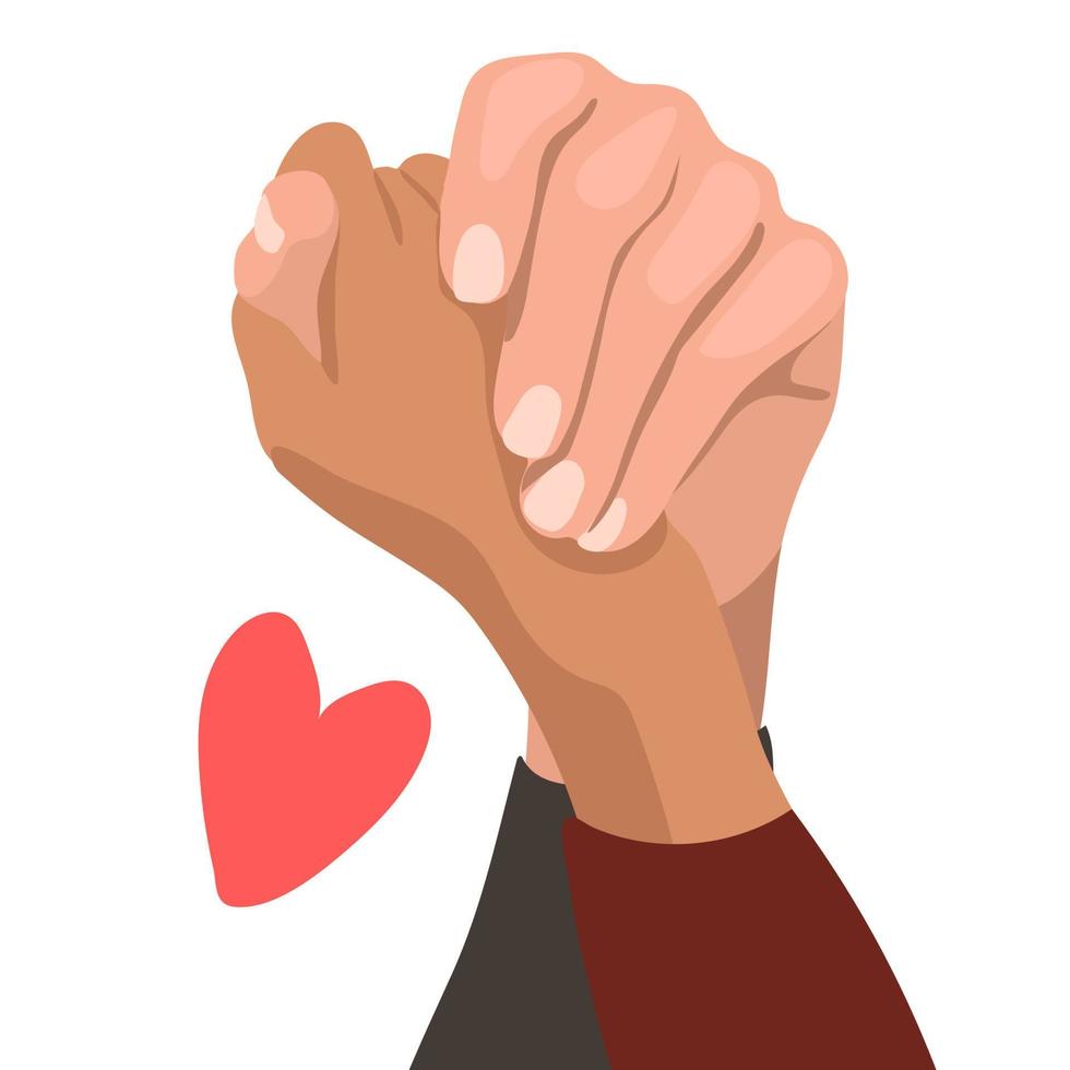 Illustration of a man and a girl holding hands. Hand in hand man and girl. People shake hands. Colored leather. valentine's day. For a poster, a postcard, a banner for a wedding, a cup and a T-shirt vector