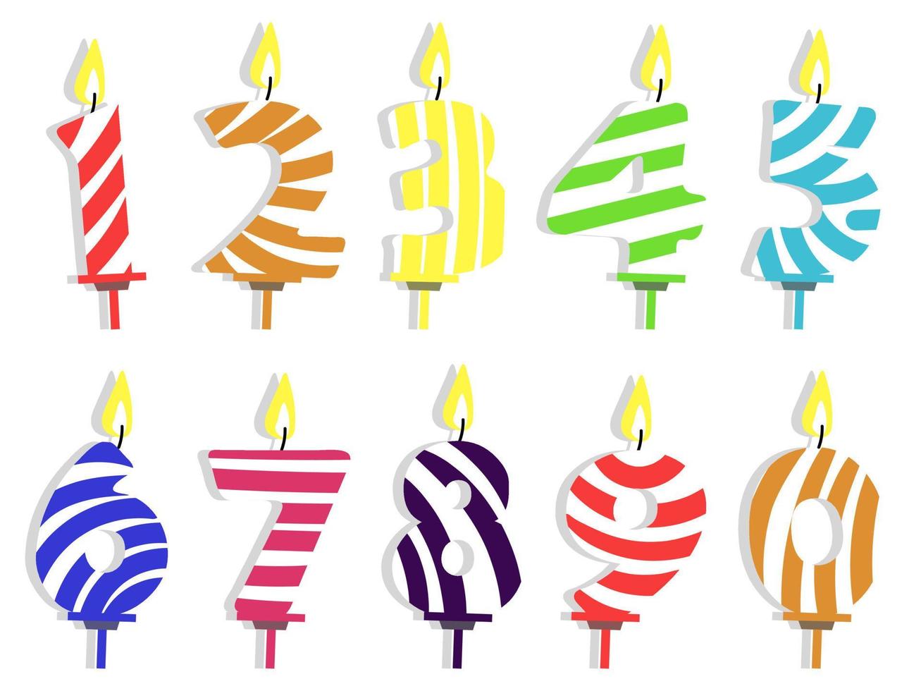 Creative colorful anniversary number candles flat items set. Cartoon candles for birthday cake isolated vector illustration collection. Celebration and decoration concept. Printing postcards, banners