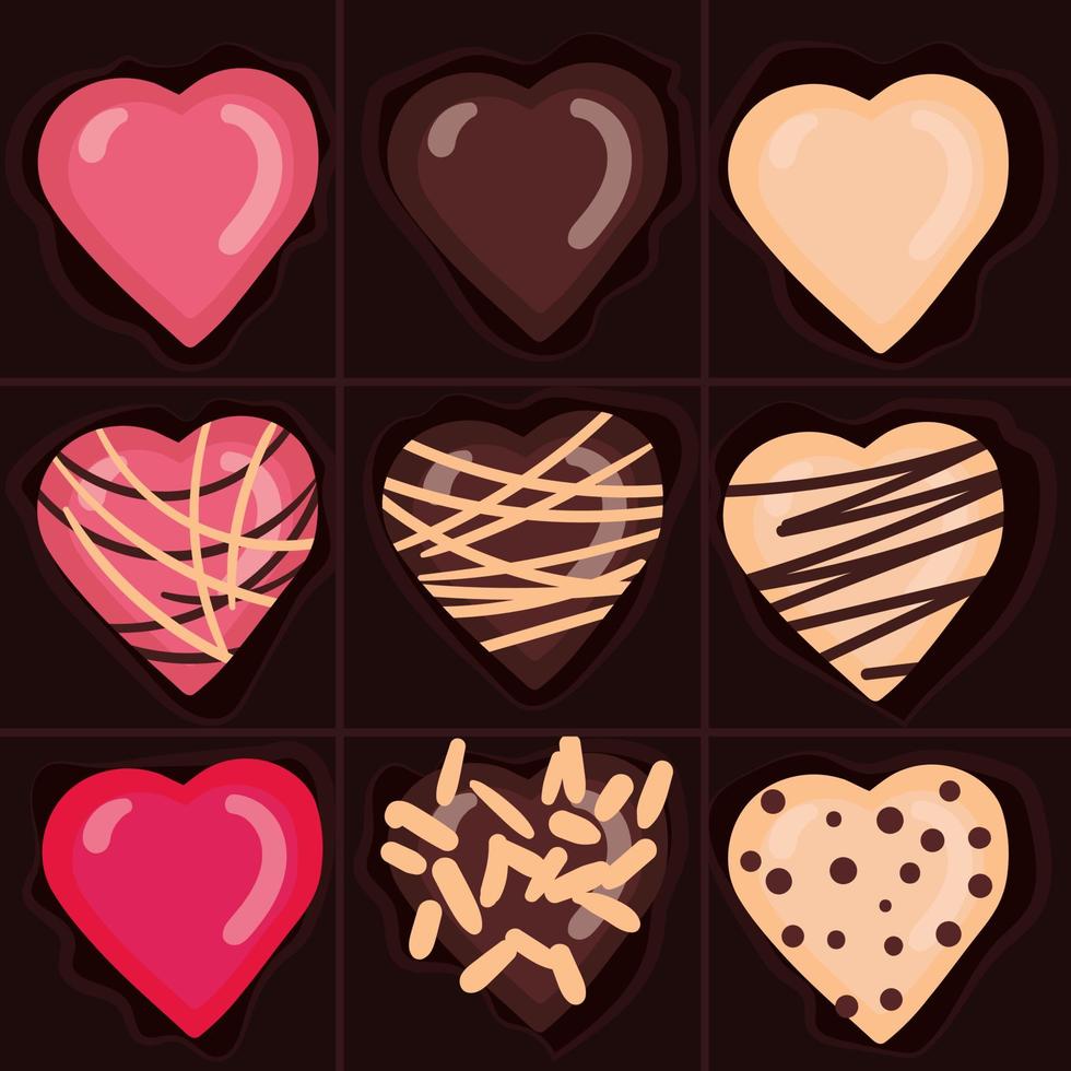 Illustration of chocolates on a dark background large in a box. A set of different heart-shaped chocolates. Printing on textiles and paper. Postcard, banner vector