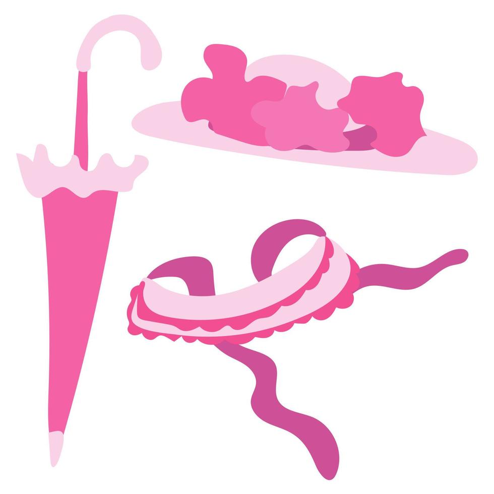Props for a photo shoot hat, collar and umbrella for a lady highlighted on a white background. Set of the 19th century. A set for birthday, party and wedding. vector