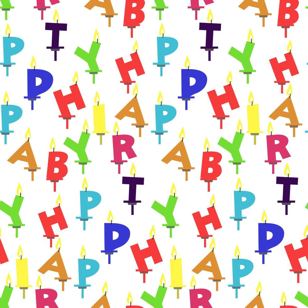 A pattern of birthday candles with a colorful font design. Bright festive letters of happy birthday in a scatter. Background for holiday gift wrapping, textiles. vector
