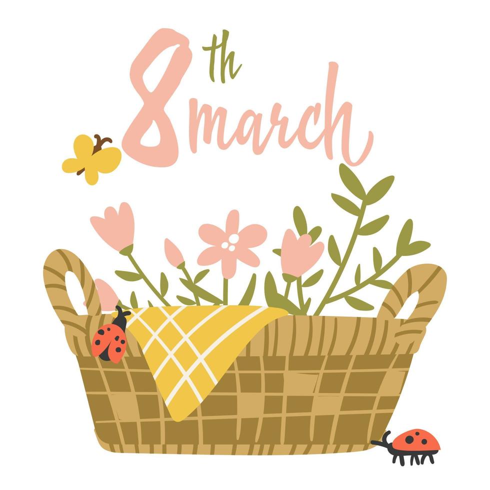 Inscription and illustration for March 8 basket with flowers. Women's Day. Calligraphy-style inscriptions in English. Template for posters, postcards, banners, stickers. International Women's Day. vector