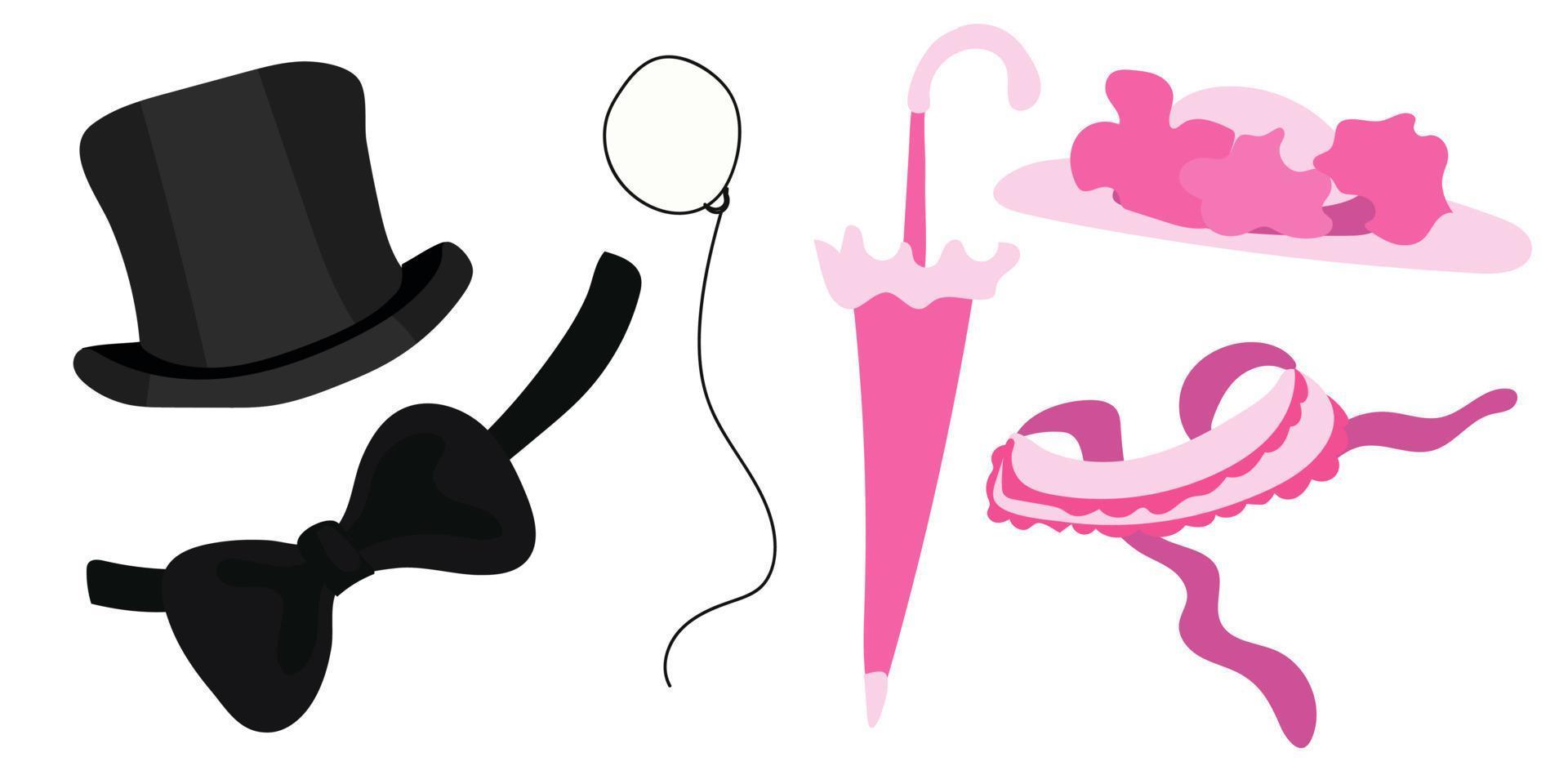 The props for the photo shoot are a hat, a monocle, a butterfly for a gentleman and a hat, a collar and an umbrella for a lady highlighted on a white background. A set for birthday, party and wedding. vector