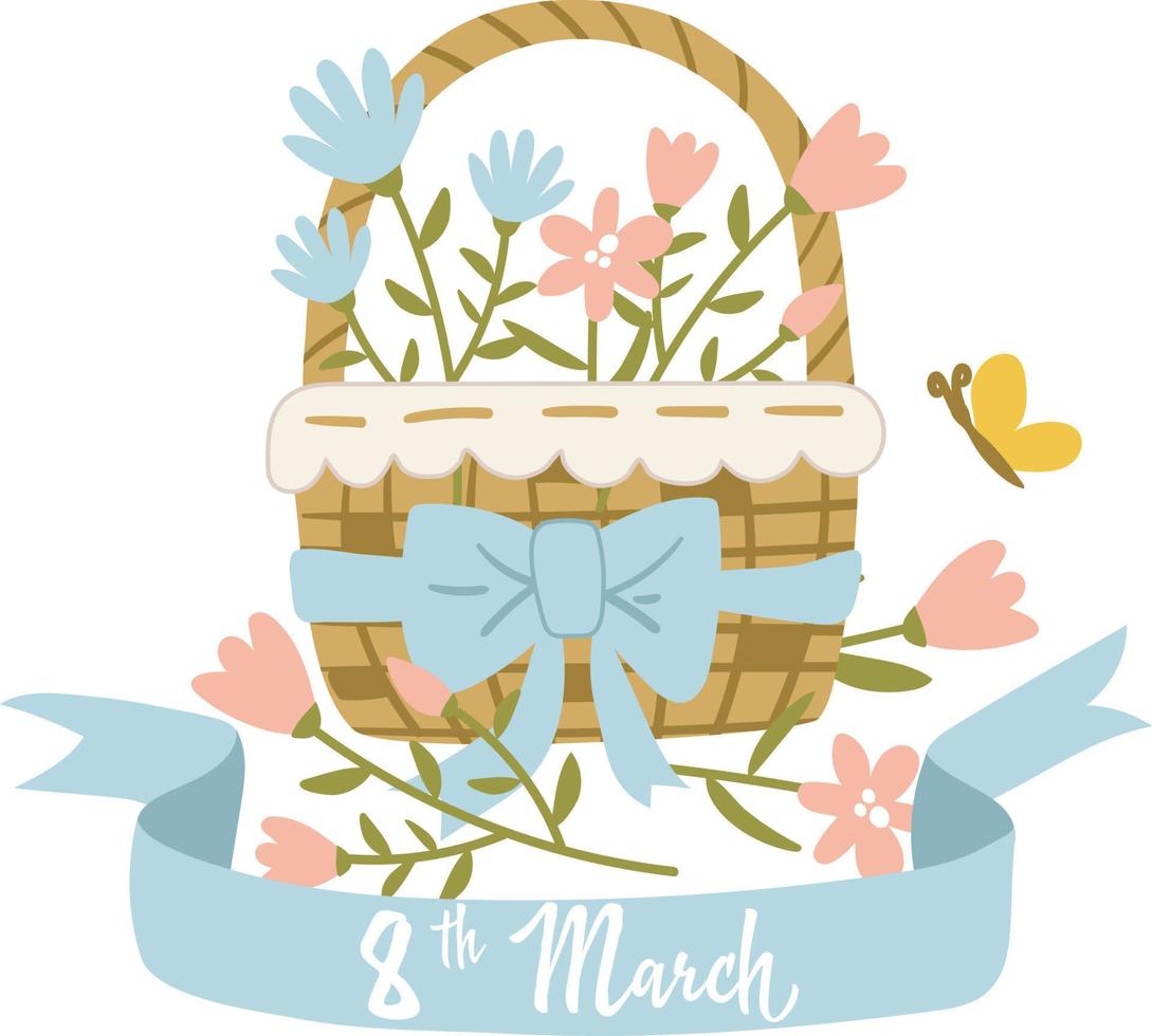 Inscription and illustration for March 8 basket with flowers and ribbon. Women's Day. Inscriptions congratulations. Template for posters, postcards, banners, stickers. International Women's Day. vector