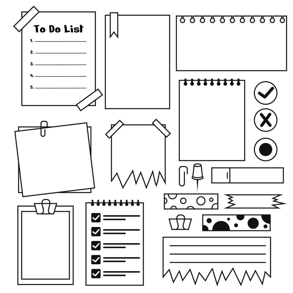 Hand drawn memo paper sheets, sticky note, reminder, to do list, sticky tape and pins. Bullet journal elements in doodle style. Vector illustration in white background.
