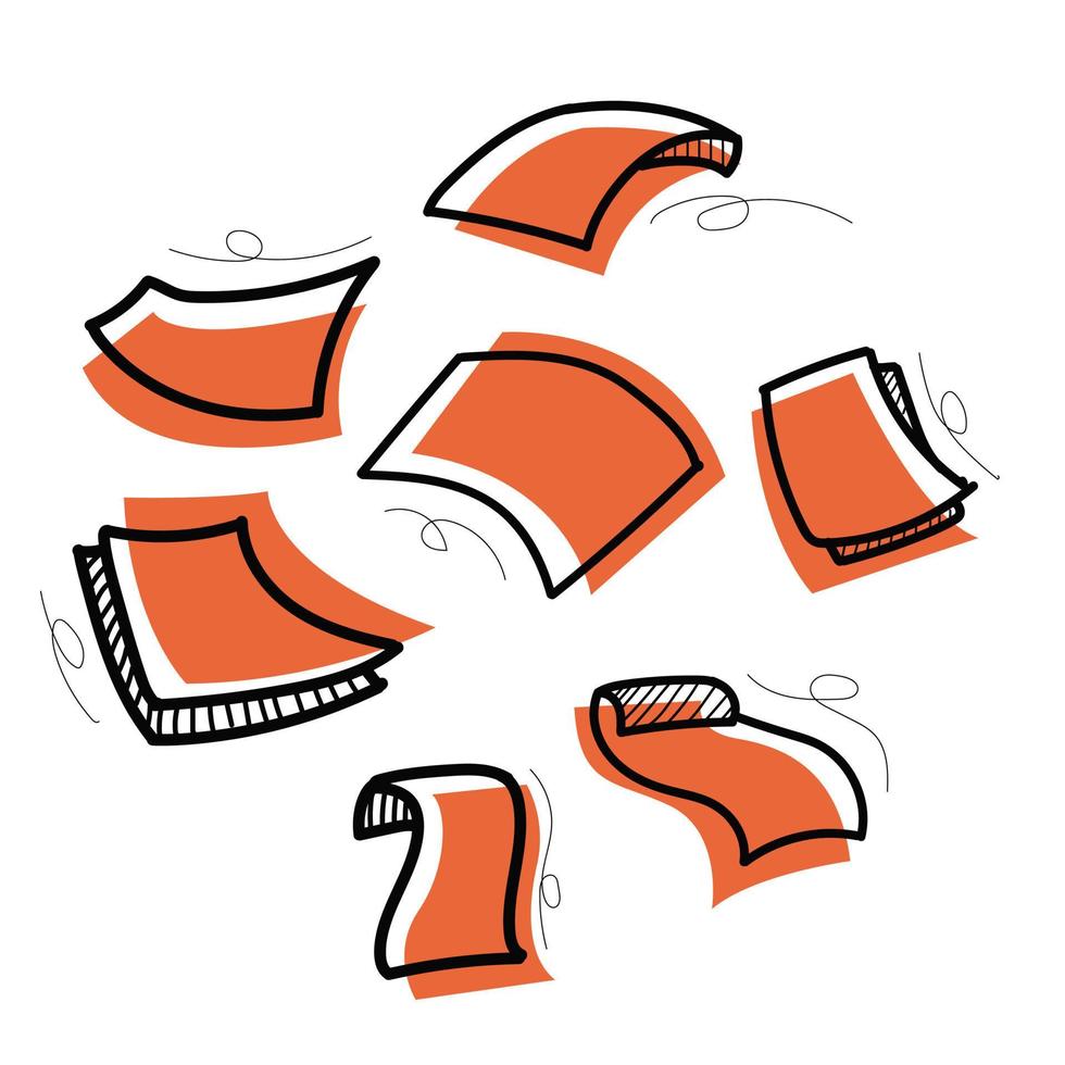 hand drawn falling paper sheet. Flying paper pages, white sheet documents and blank document pages in the wind. Flying scattered notes, blank chaotic paperwork.doodle vector