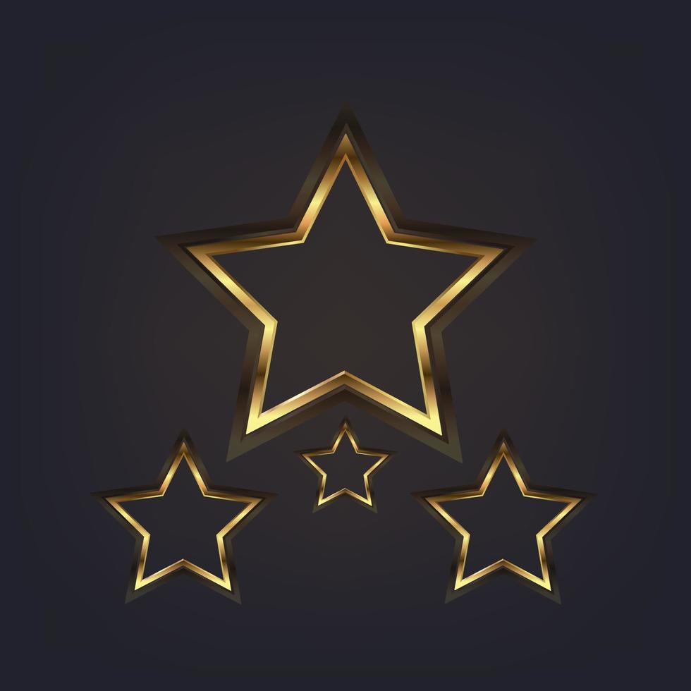 Group of Shining stars in vector illustration style, gold stars icon, symbol, mark and object. Gradient golden star shape on a dark background.