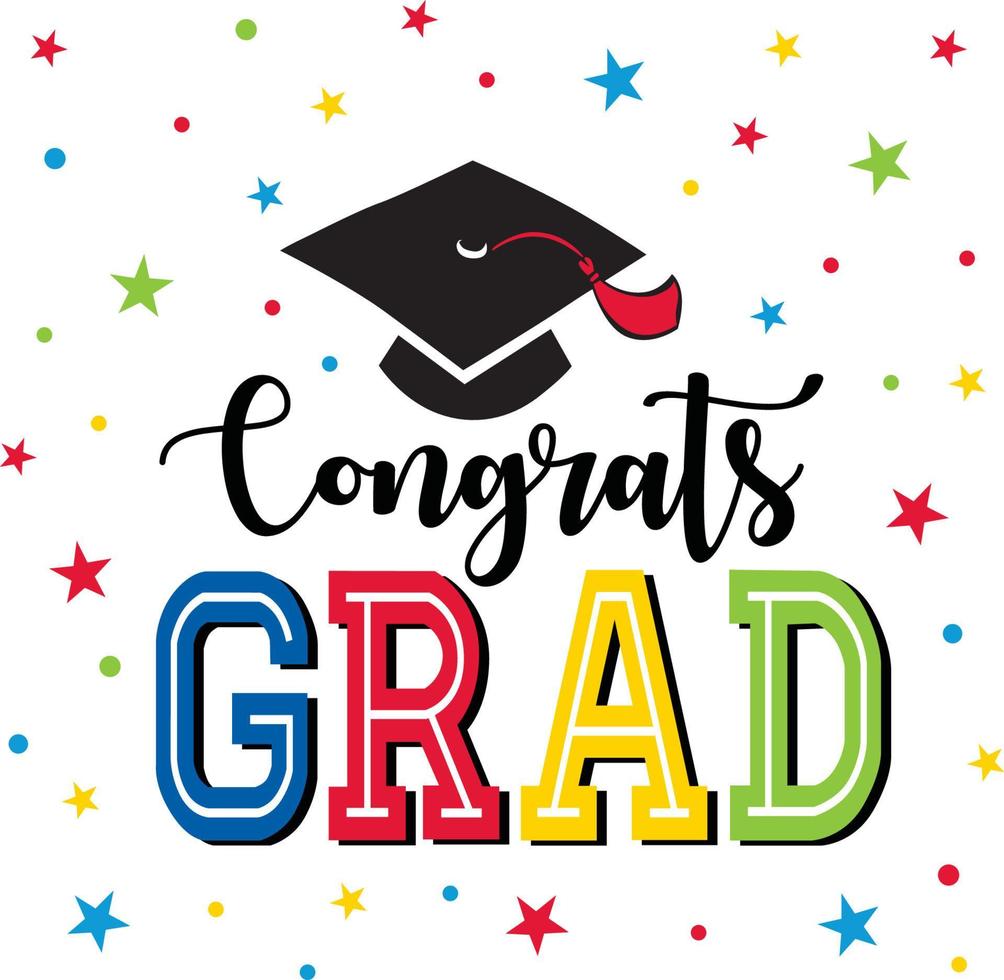 Felicitaciones a los textos de graduación con gorra de toga de graduación y diseño de vectores de graduaciones de estrellas