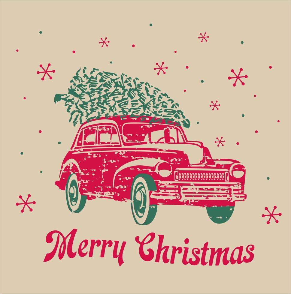 Christmas Vintage Red Truck with Pine tree and Merry Christmas - Christmas Vector design