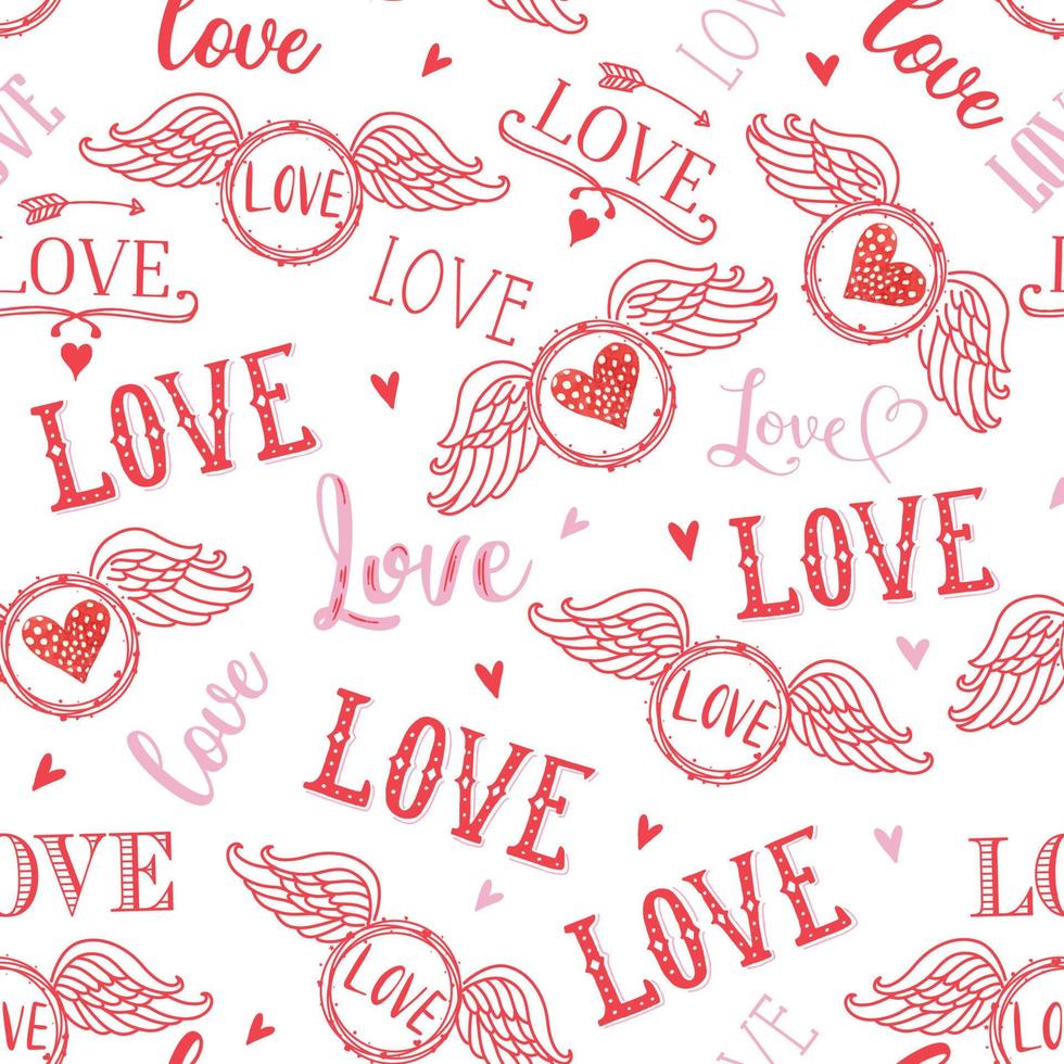 Seamless pattern of Valentine's Day  with Love Wording and Wings- Valentine's Vector Illustration