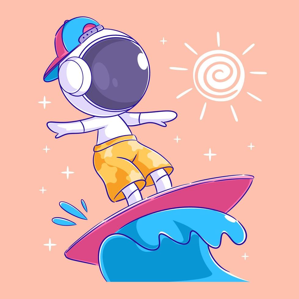 astronauta jugando a la tabla de surf en el océano vector