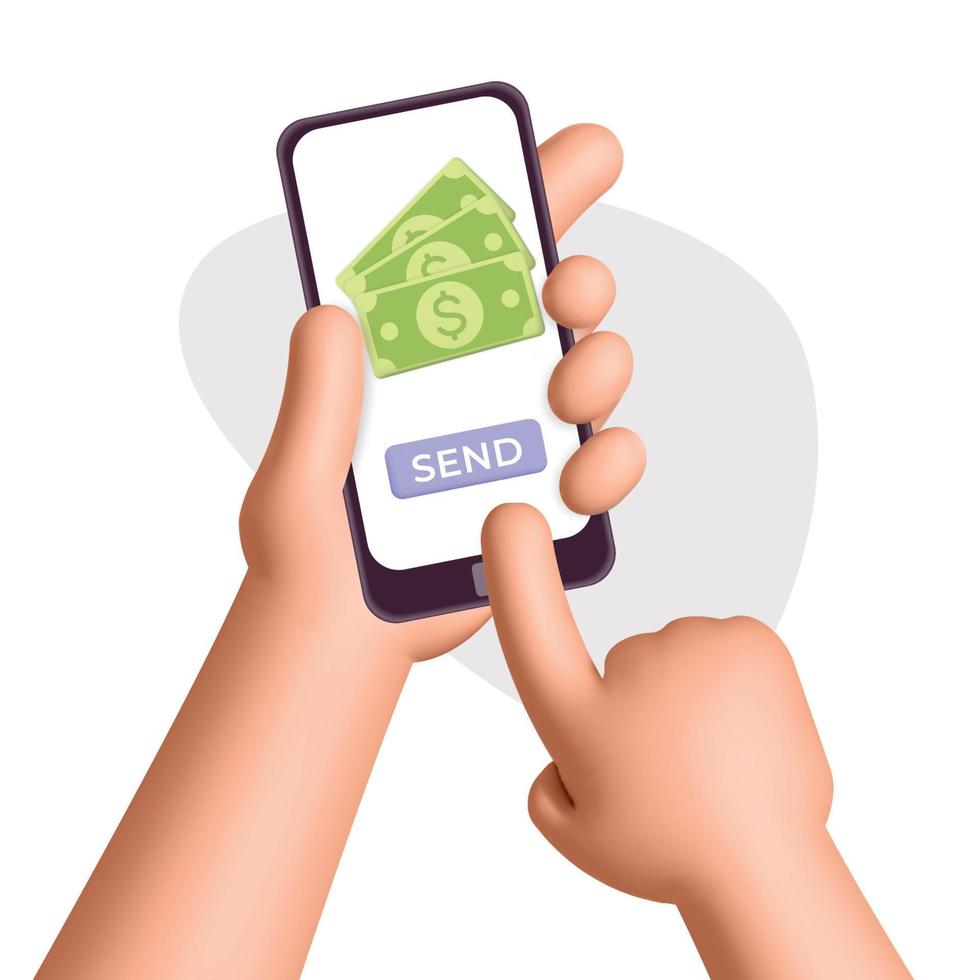 Las manos del hombre del vector 3d sostienen el teléfono inteligente y transfieren dinero en dólares con la ilustración de diseño del servicio de aplicaciones móviles