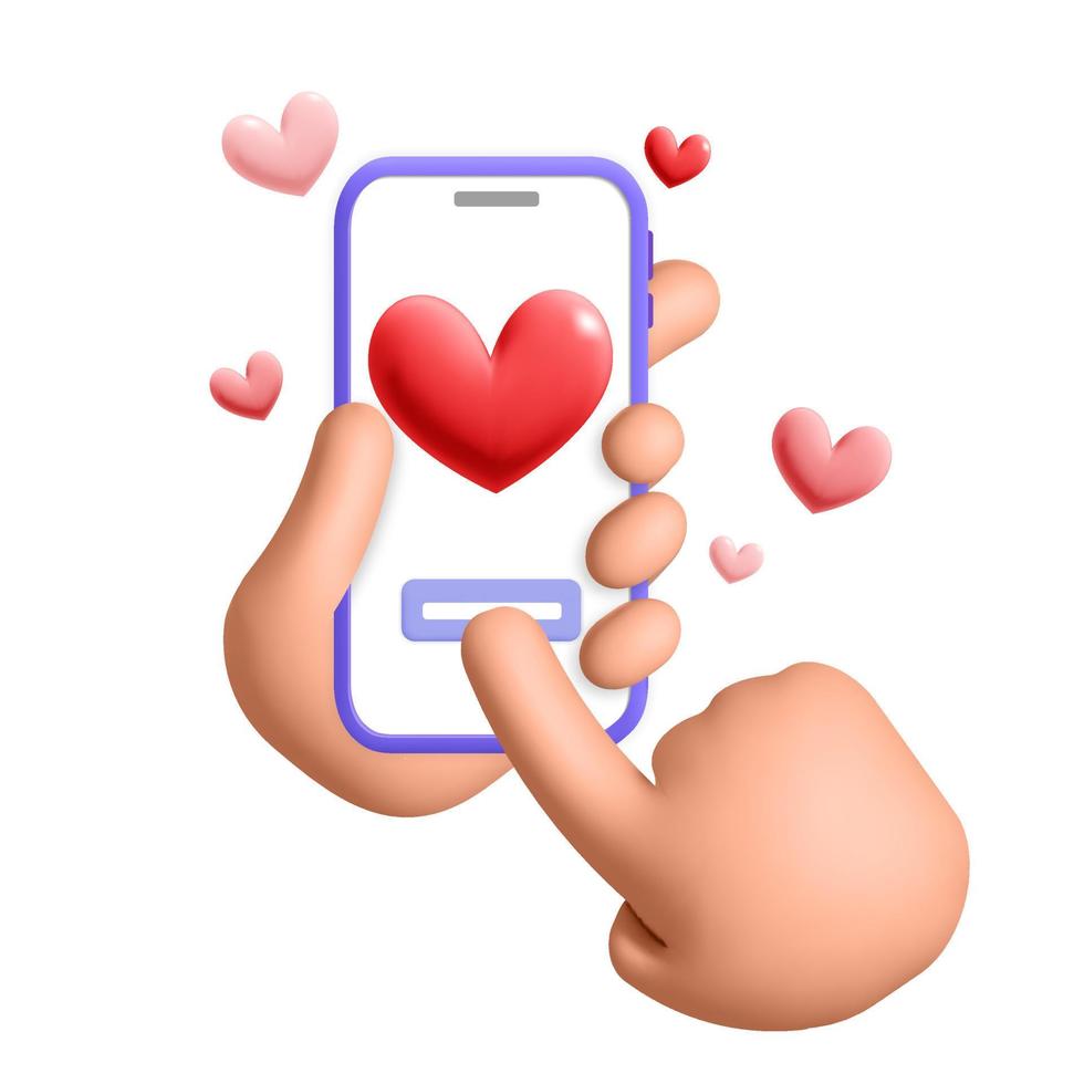 renderizado de dibujos animados manos humanas vectoriales 3d sostienen el teléfono inteligente y envían emoji con forma de corazón de amor para el diseño de la plantilla del día de san valentín vector