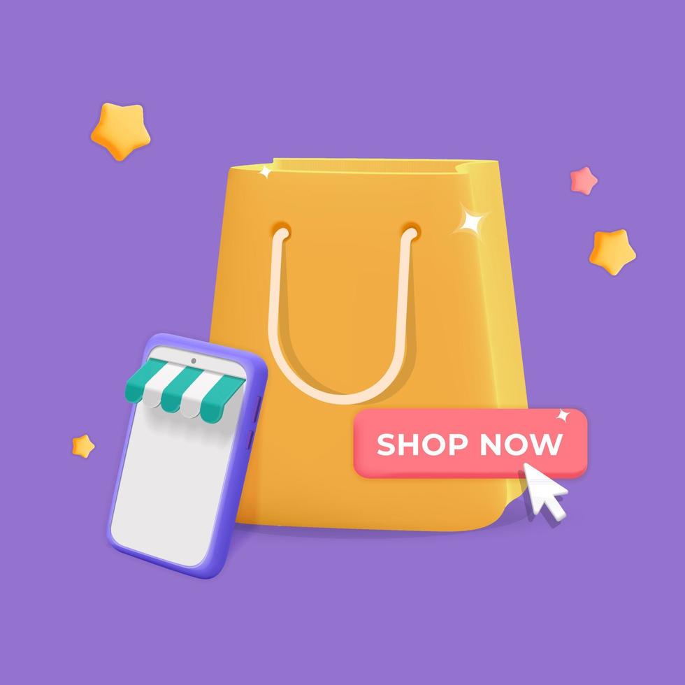 Bolsa de tienda de regalos de vector 3d y teléfono inteligente con icono de servicio de aplicación de compras en línea en diseño de representación de dibujos animados