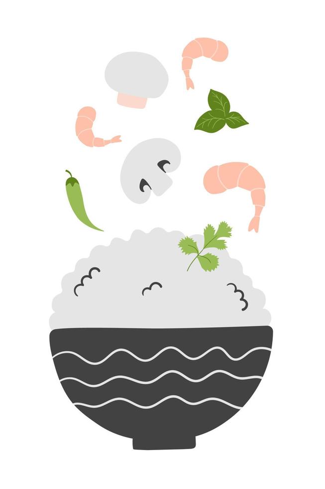 Illustration of rice bowl with flying ingredients. Vector illustration isolated on white background