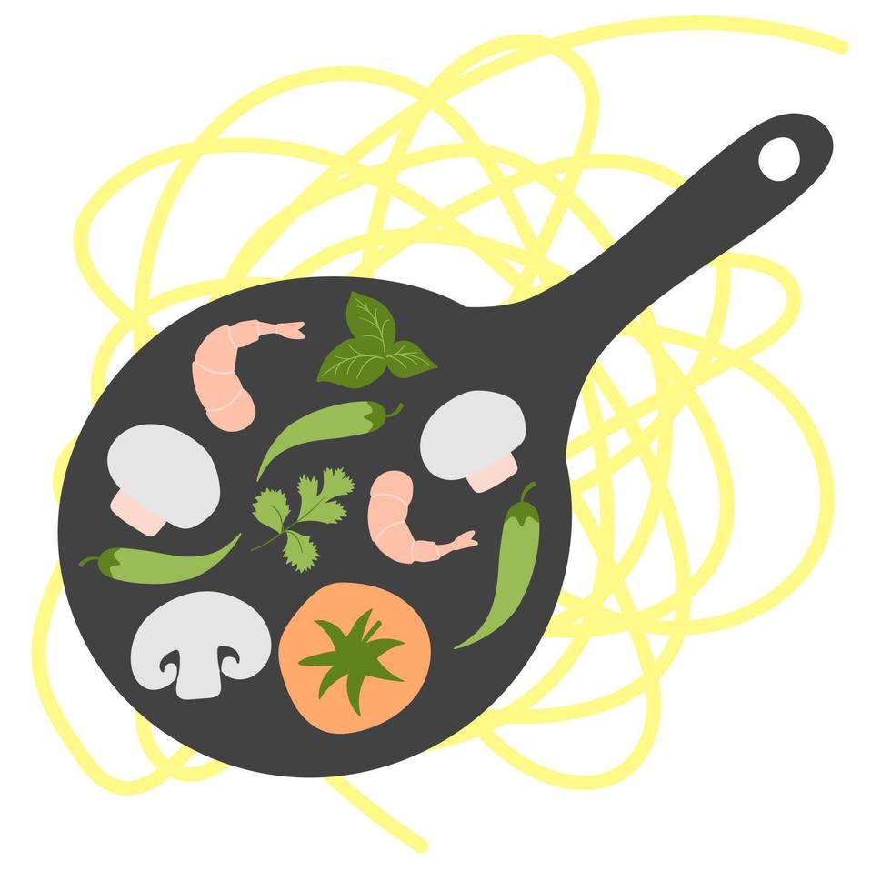 Ingredients for Wok pan. vector doodle flat asian wok symbols set. Vegetables with seafood for menu design.