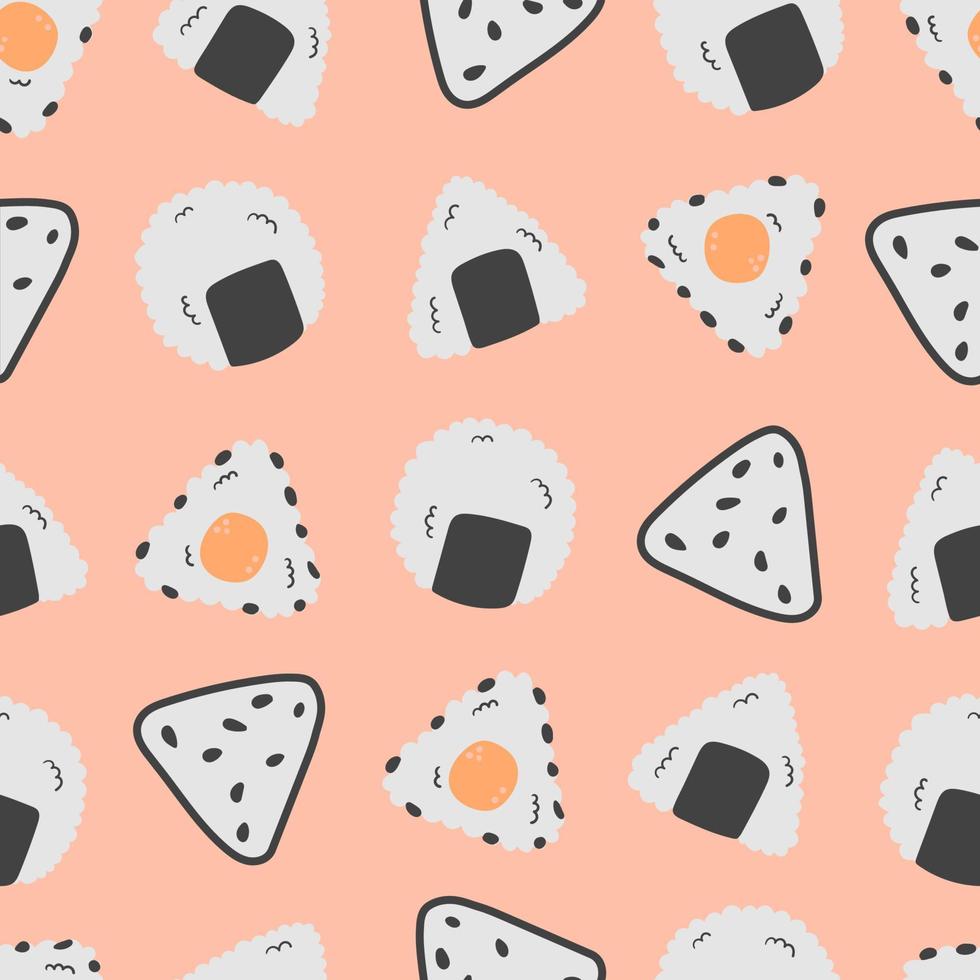 Seamless pattern of traditional onigiri isolated on pink background. Sushi set icons in doodle flat style. vector