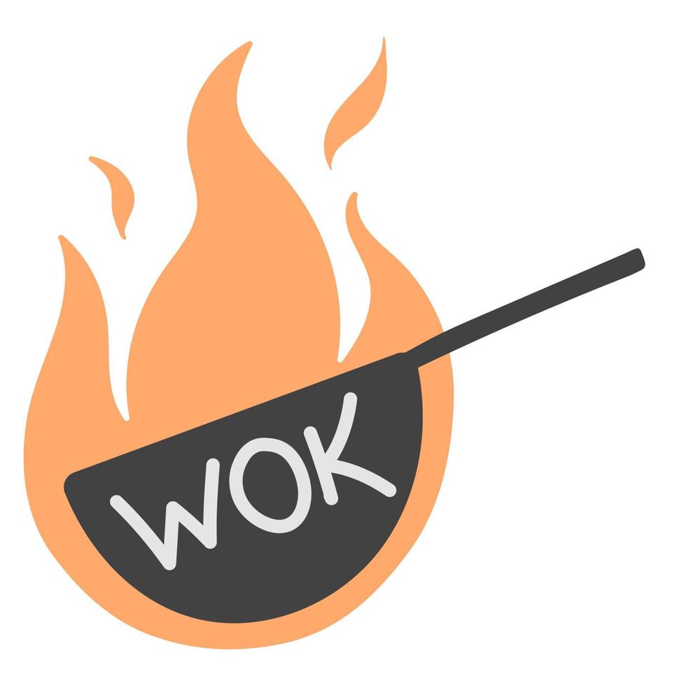 Wok frying pan with flame. icon in flat doodle style. Vector illustration. Wok, asian food, logo for cafe