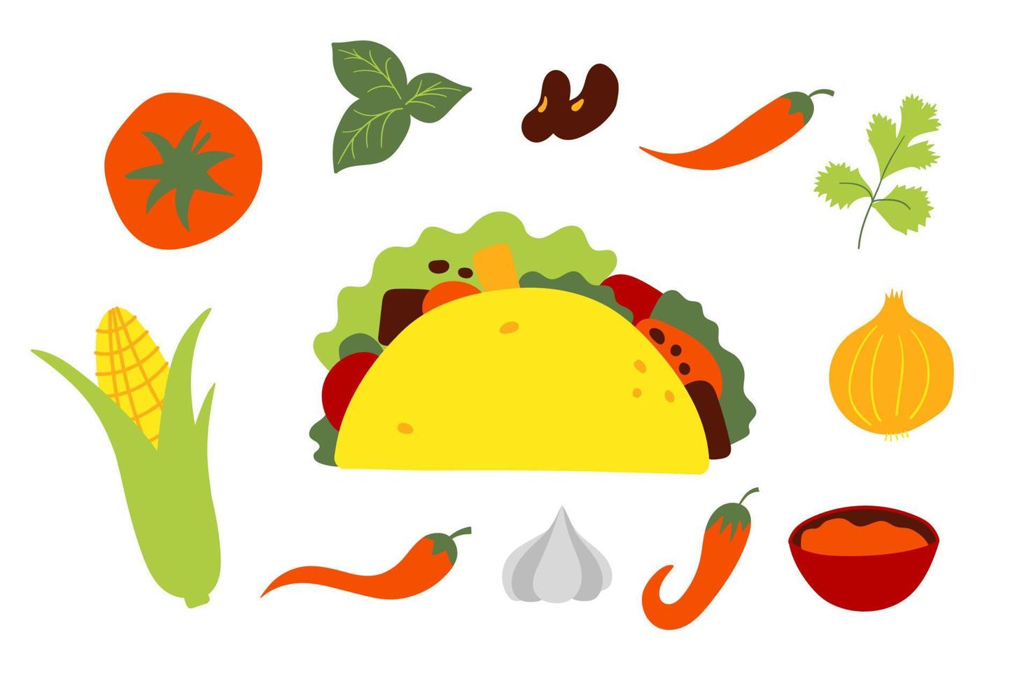 taco de comida rápida mexicana con ingredientes. ilustración vectorial en estilo plano. vector