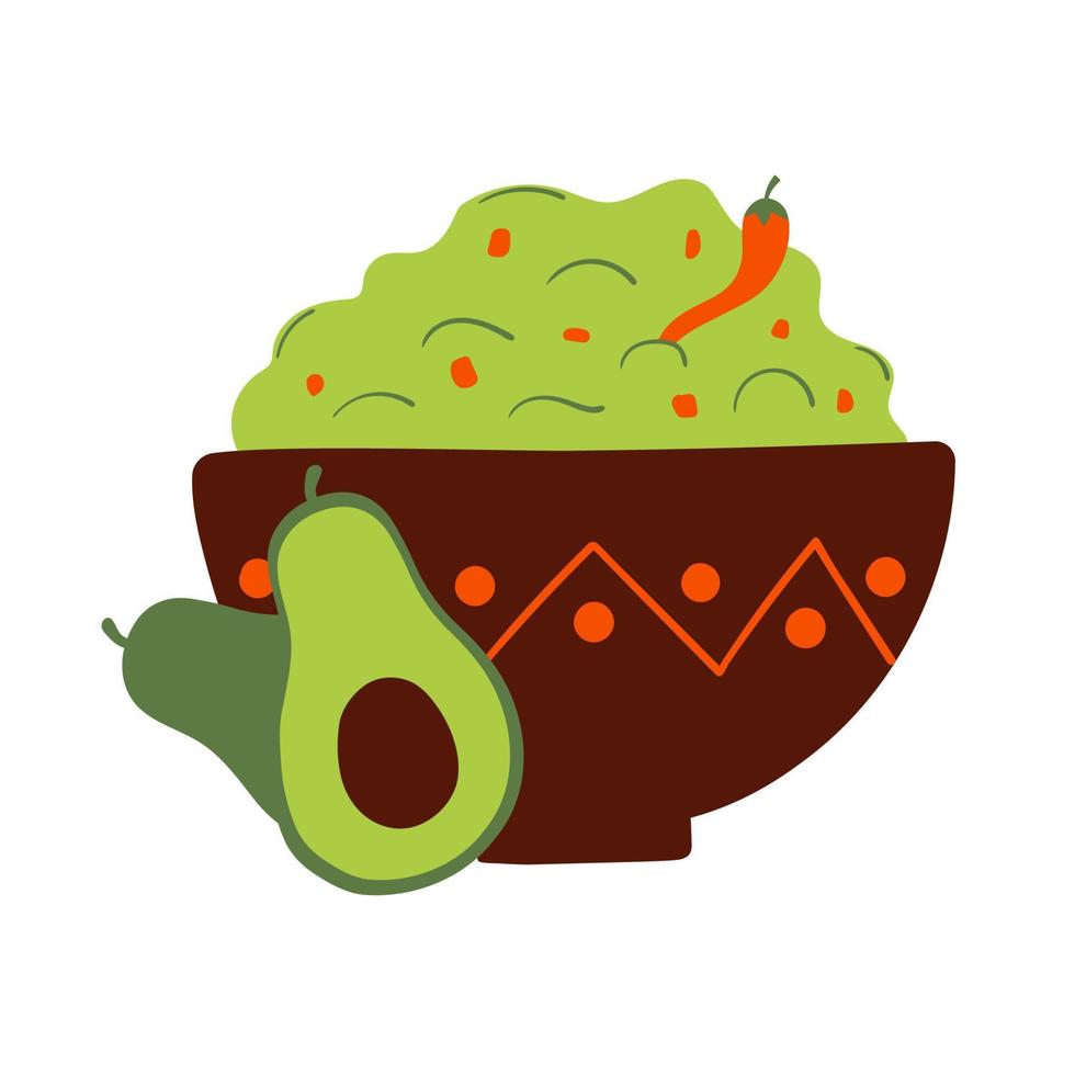 Green Sauce guacamolein bowl with chili and avocado. Traditional Mexican Cuisine Food. Flat Vector Illustration