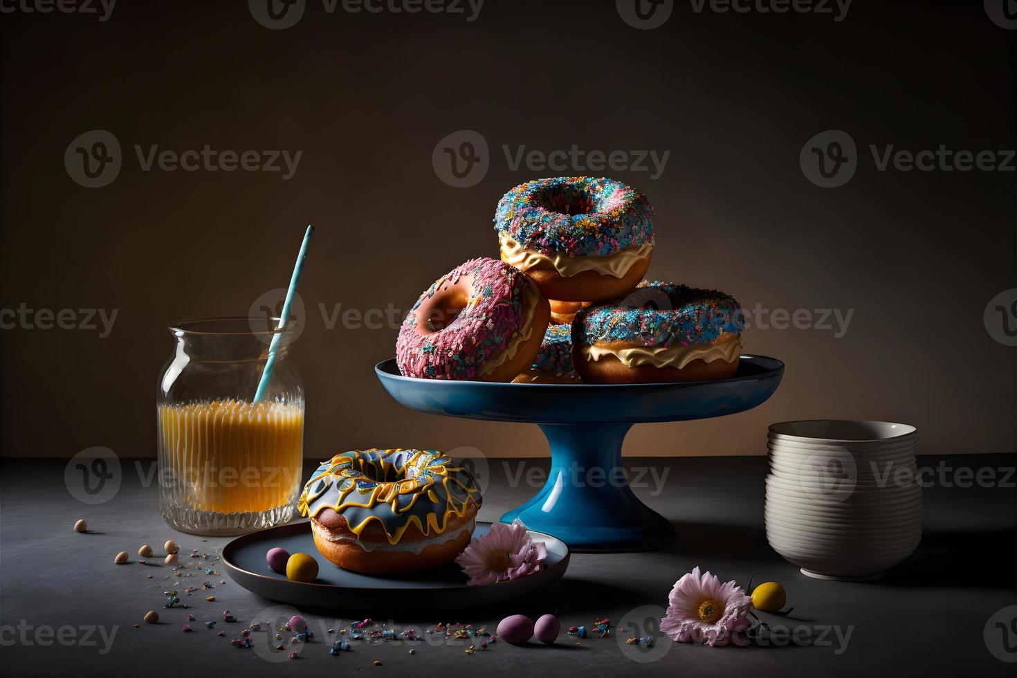 doughnuts on white background, perfect for advertising, packaging, menus, cookbooks. Highlighting texture and details, shot from above, high-res suitable for printing, posters, banners and more photo