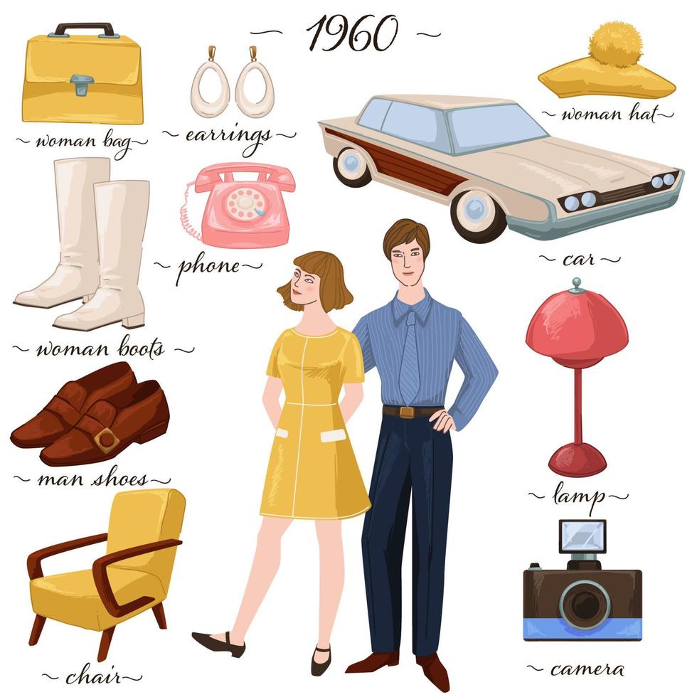 moda y ropa, muebles y objetos de los años 60 vector