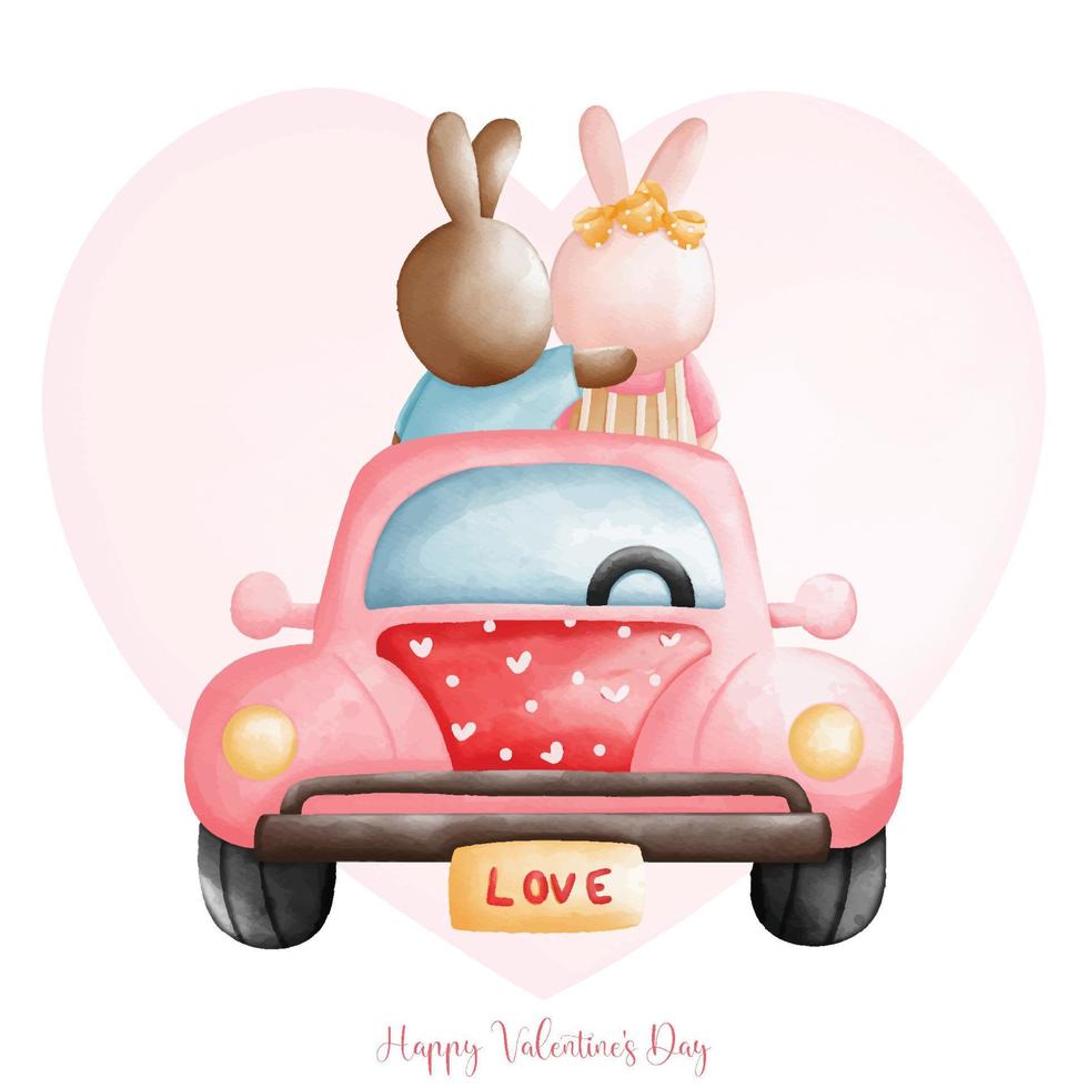 conejo enamorado, pareja de conejo en coche clásico, día de san valentín de conejo acuarela, conejito de pascua vector