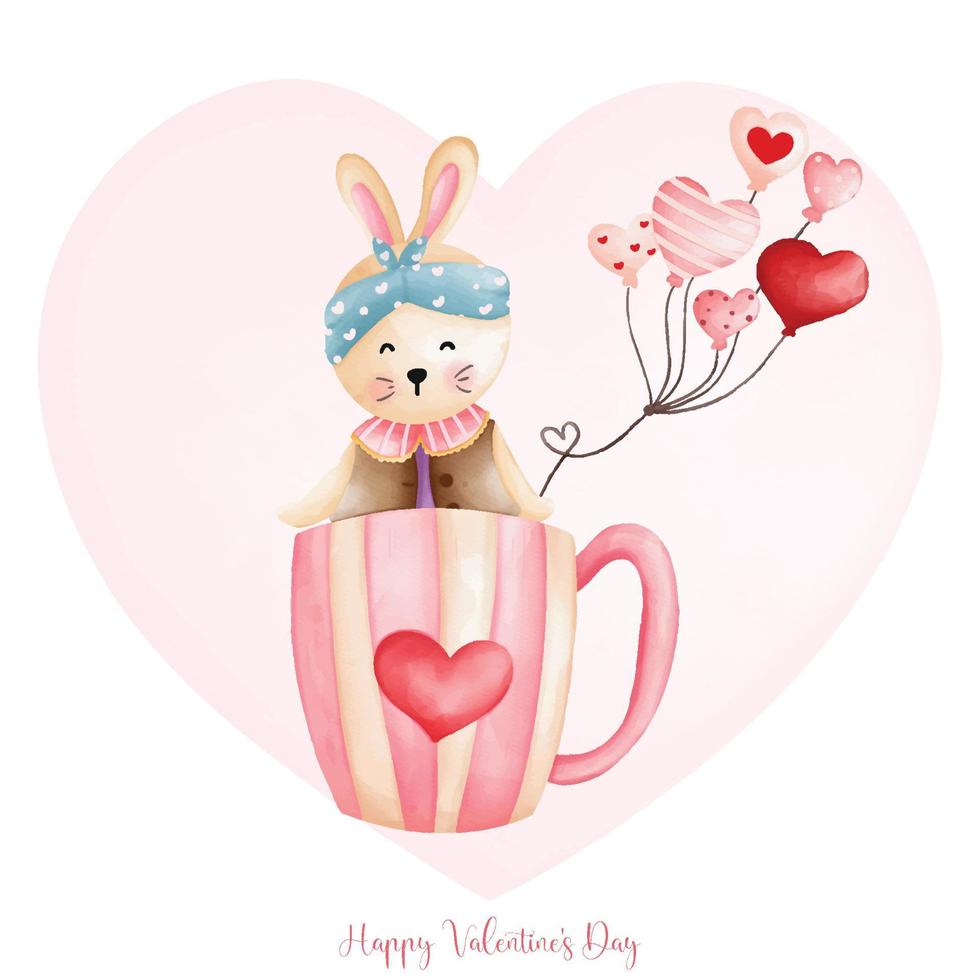 conejo en taza, conejo acuarela día de san valentín, conejito de pascua vector