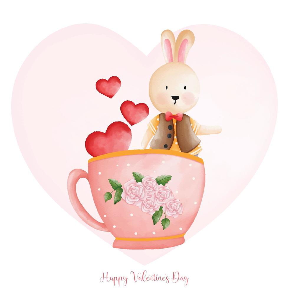 Rabbit in cup, Watercolor Rabbit Valentine day, Easter Bunny vector