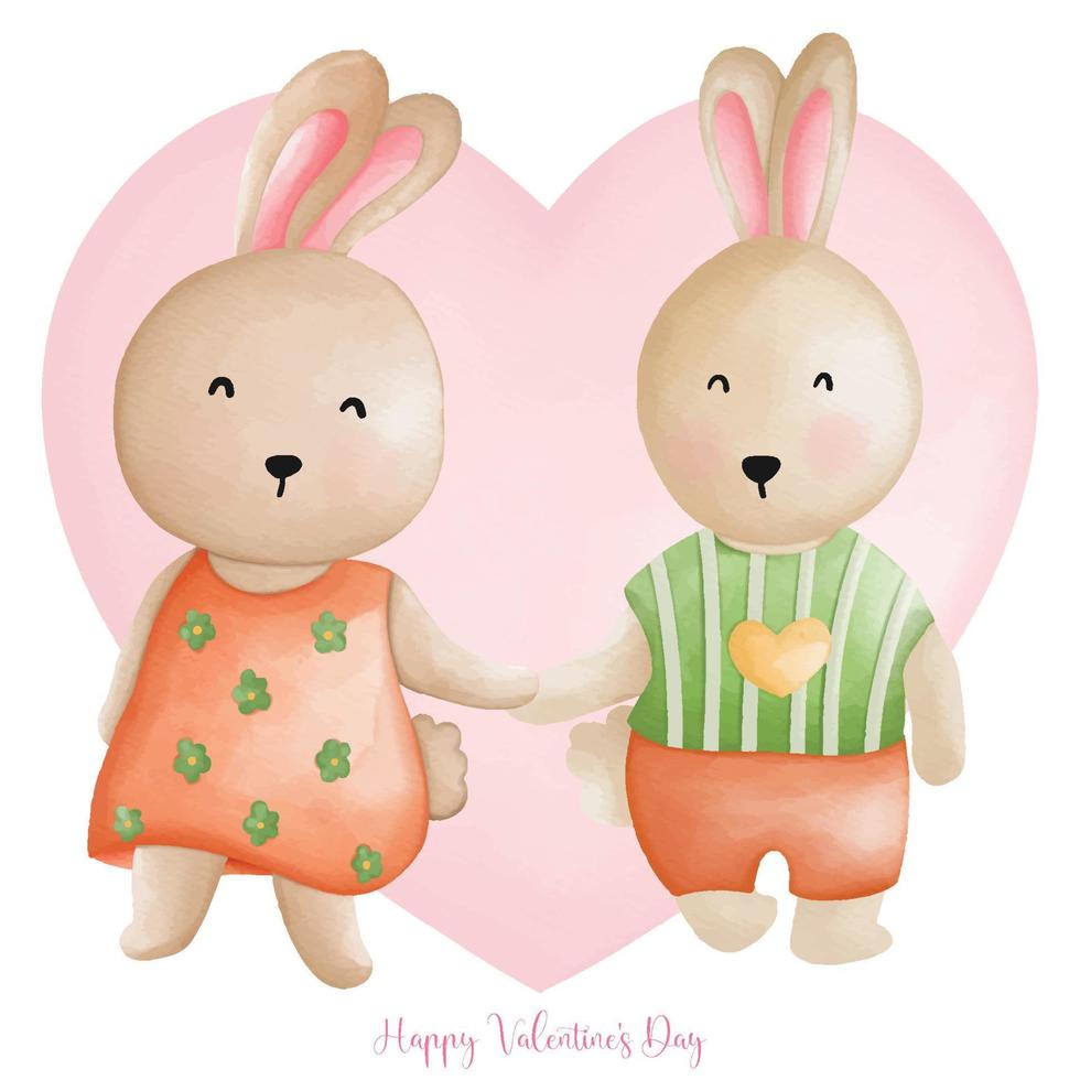 conejo enamorado, de la mano de una pareja de conejos, día de san valentín de conejo acuarela, conejito de pascua vector